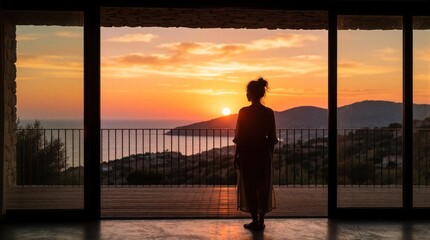 Fototapeta premium Silhouette of woman standing on balcony watching orange sunset over ocean. Lone female looks at beautiful horizon from luxury hotel terrace. Calm evening atmosphere with golden sky, sea view during