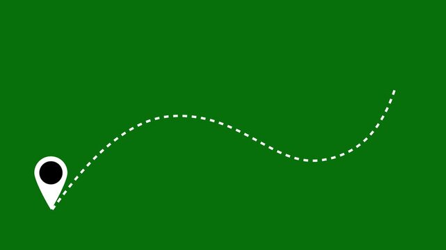 Animated dashed route line leading to map pin location on green screen background. Navigation path with arrow and destination marker. Minimal travel and GPS map logistics icon concept in 4K