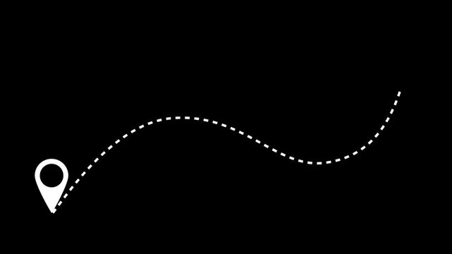 Animated dashed route line leading to map pin location on black screen background. Navigation path with arrow and destination marker. Minimal travel and GPS map logistics icon concept in 4K