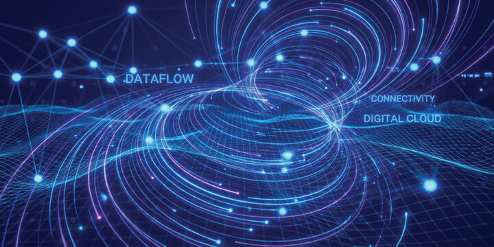 Futuristic digital data flow swirl background with light trails and glowing wireframe terrain for cloud connectivity.