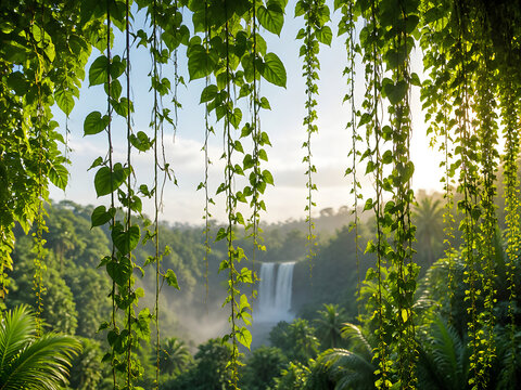 Lush green vines frame a distant waterfall in a tropical forest
