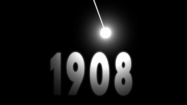 Cinematic white 1908 year text animation with swinging light bulb on black background.