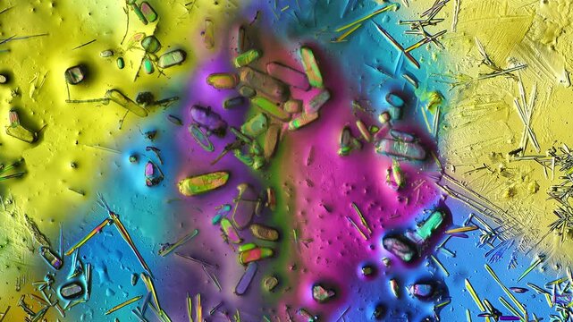 Real time urea crystal secondary growth on monopotassium phosphate structures under polarized light microscope showcasing multicomponent heterogeneous nucleation process for biochemistry study