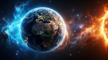 Fototapeta premium Soccer ball shaped like planet Earth floats in deep space. Global football tournament concept features cosmic nebula with blue, orange light. Realistic continents, glowing city lights on sphere