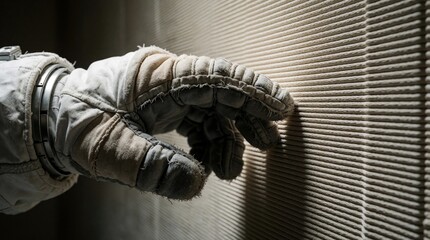 Fototapeta premium Close up of astronaut gloved hand touching 3D printed polymer wall. Space explorer feels textured surface of modern habitat structure on Mars. Advanced tech engineering used for building