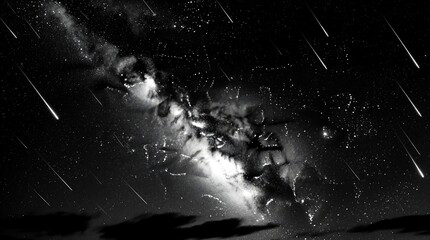 Fototapeta premium Milky Way galaxy stretches across dark night sky with bright stars. Meteors fall through cosmos during meteor shower. Shooting stars streak past glowing nebulae, cosmic dust in deep space. Vast