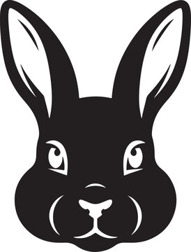 Black and white of a cute rabbit head with long upright ears, facing forward al bunny hare face