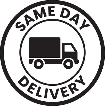 Black and white stamp icon with the text same day delivery and a silhouette of a cargo truck al shipping