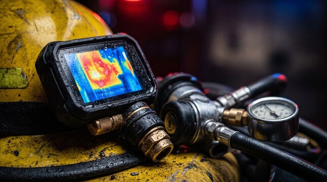 Thermal imaging camera on firefighter helmet with SCBA regulator gear