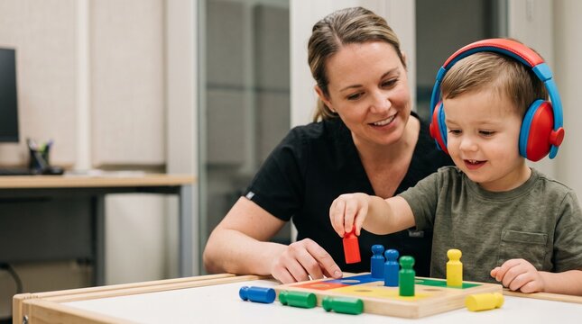 Child undergoing auditory play audiometry test with caregiver in clinical setting with copy space