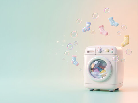 Pastel washing machine surrounded by colorful floating socks and glowing soap bubbles against soft gradient studio background creating playful laundry concept digital illustration