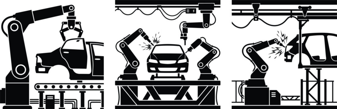 Automotive Robotic Welding and Assembly Line Silhouette Collection for Industrial Manufacturing