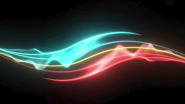 Abstract flowing glowing neon lines of blue, yellow, and red over a black background   