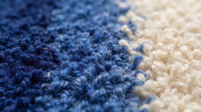Shag rug displays soft blue and white yarn fibers in close-up perspective.