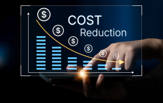 Hand Interacting with Digital Display Showing Cost Reduction Trend Graph with Dollar Signs and Declining Bar Chart on Dark Background. Bitwise.