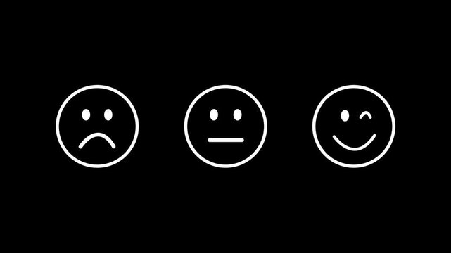 Animated Rating Feedback Emoji Face Line Icon Set Motion Graphic Element for Customer Satisfaction UI UX Design on Dark Background, with video animation.