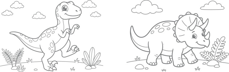 A simple hand drawn black and white sketch featuring a cute tyrannosaurus rex and a friendly triceratops dinosaur illustration © MSTRUKIA