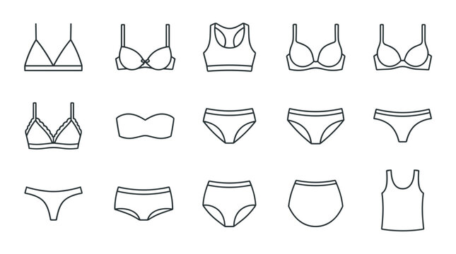 Women's underwear line icon set with bra briefs bralette camisole tank top and slip symbols for lingerie shop and apparel designs