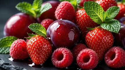 Naklejka premium Macro view of fresh berries, plums with mint leaves. Red strawberries, raspberries, ripe plums on dark stone surface. Sweet summer fruit dessert with juicy texture, green herbs. Gourmet vegan food