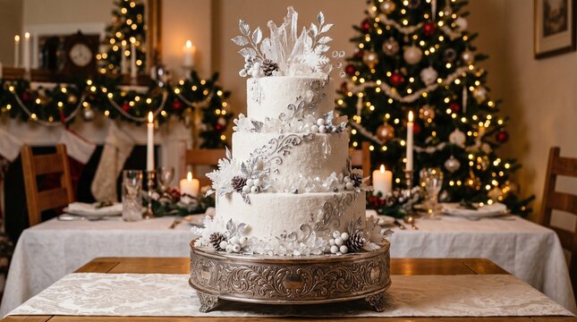 Three tier white christmas cake decorated with silver ornaments on a