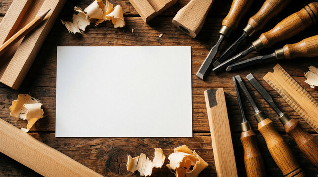 Carpentry tools lie on wooden workshop table with wood shavings. Set includes chisels, pencils, timber scraps. Blank white paper sheet in center for copy space. Professional woodworking equipment for