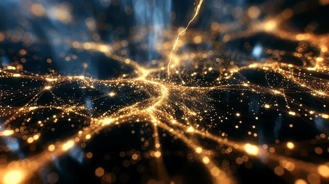 Abstract golden light trails and glowing bokeh form a connected network on dark blue, suggesting digital innovation and energy