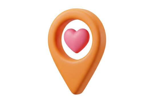 Orange map location pin with pink heart floating inside, favorite place and love destination concept for dating apps, travel and social media