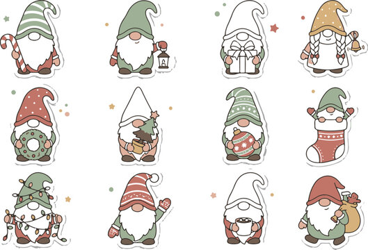 Cute Christmas gnomes sticker collection vector illustration   