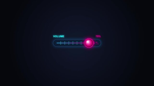 Futuristic neon volume control interface animation featuring glowing pink slider bar with digital percentage readout over dark background.