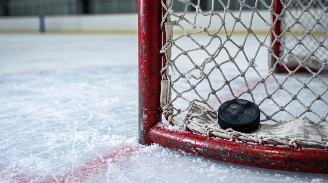 Ice hockey net with puck on the ice in an indoor rink
