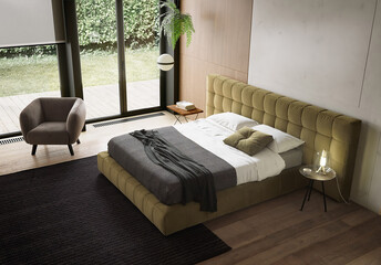 Modern luxury bedroom interior in minimal scandinavian style, 3d render © Yulichka