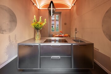 Modern luxury kitchen interior in minimal scandinavian style, 3d render © Yulichka
