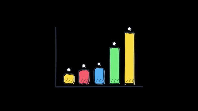 Hand-drawn animated bar chart showing data fluctuation on a black background. Doodle style infographic illustrating growth, statistics, and business trends for presentations on Transparent Background