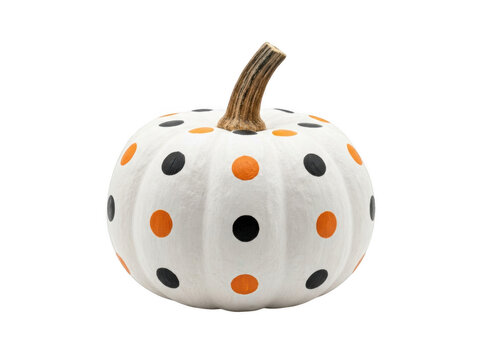 Small white decorative pumpkin with orange and black polka dots for autumn holidays and festive home decor isolated on transparent background