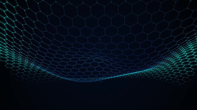 Abstract digital hexagon mesh surface with smooth flowing waves and glowing light nodes in dark cyberspace environment 3d motion graphics background.