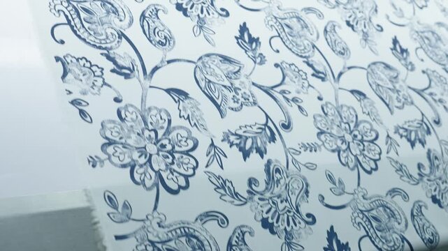 Blue floral pattern printed on white fabric moving on a textile printing line, close up