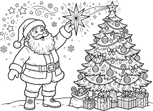 Santa Claus placing a star on Christmas tree coloring page vector   