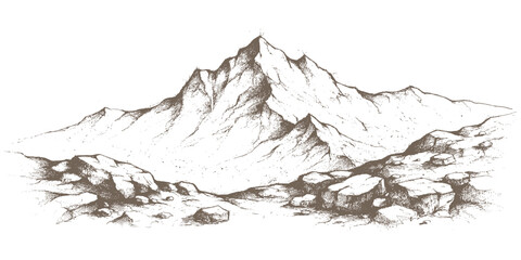 Obraz na płótnie Canvas Majestic rocky mountain peak landscape with boulders and rugged terrain in vintage engraving sketch style background vector illustration.