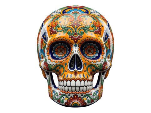 Colorful pixel art sugar skull with traditional floral patterns for day of the dead celebration isolated on transparent background
