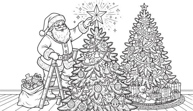 Santa Claus decorating two Christmas trees coloring page vector   