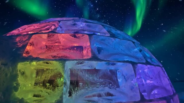 Illuminated igloo under vibrant northern lights in the arctic night