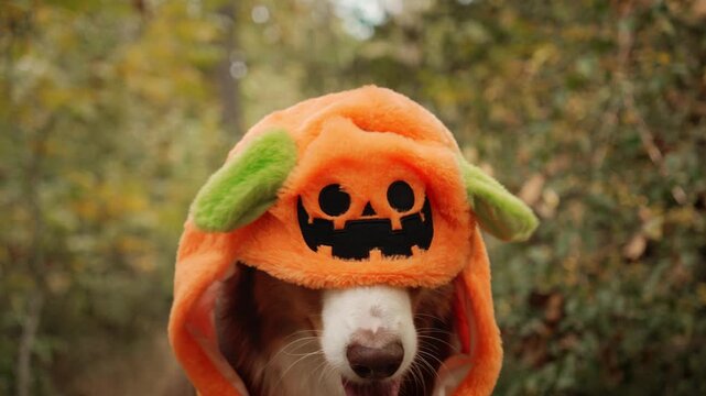 Australian shepherd wears an orange pumpkin hat with floppy green ears against autumn foliage. Funny Halloween footage for pet costume promotions and seasonal advertising. High quality 4k footage
