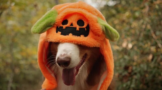 Australian shepherd wears an orange pumpkin hat with floppy green ears against autumn foliage. Funny Halloween footage for pet costume promotions and seasonal advertising. High quality 4k footage