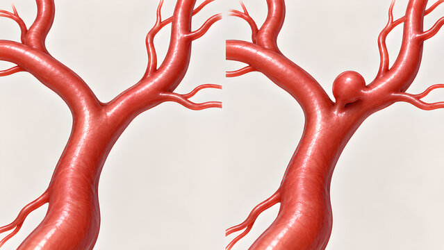 Cerebral aneurysm versus normal brain vessels in a photorealistic 3D medical comparison illustration on a clean clinical background for healthcare design, neurology teaching and patient education