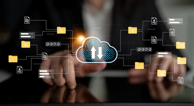 This image illustrates cloud data management with graphics representing file upload and synchronization, emphasizing modern technology and secure connections. Gantry