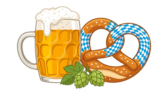 Oktoberfest bundle with beer mug and blue white patterned pretzel vector