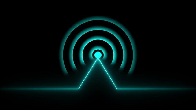 Glowing neon line animated by radio wave animation on a black screen background. Radio wave tower connective network and signal waves. Radio waves signal animation.
