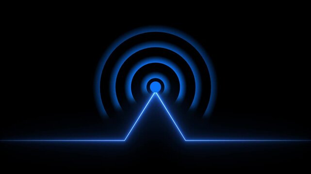 Glowing neon line animated by radio wave animation on a black screen background. Radio wave tower connective network and signal waves. Radio waves signal animation.