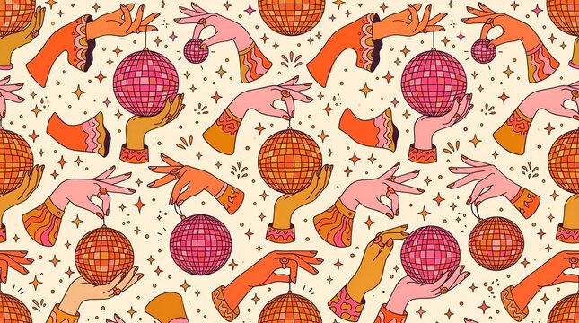 Retro disco ball seamless pattern, groovy hands holding shiny mirror balls background, vintage party textile design