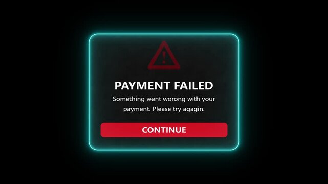 Payment failed error UI animate screen. Red warning triangle alert popup display. Dark modal card finance app interface. Continue button retry digital design. Fintech transaction business concept.